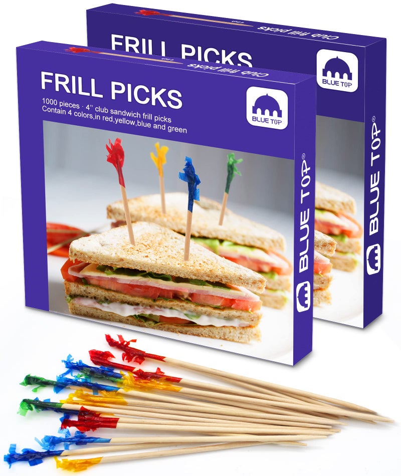 BLUE TOP Wood Frill Picks Toothpicks 4 Inch Value Pack 2000pcs Wood Frill toothpicks decorative Cocktail Party Toothpicks for FruitAppetizersClub SandwichesGreat for Valentines Day and Parties