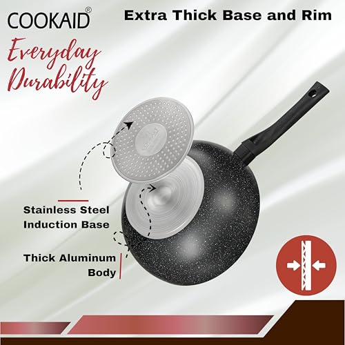 Cookaid Wok Pan 24cm | Woks For Cooking | Kitchen Woks Stir-Fry Pans Nonstick | Neo Glide Series PTFE | Aluminium Body Gas & Induction Compatible | Cookware Kadhai Frying Pan | ISI Certified | Black | - Image 4