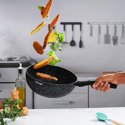 Cookaid Wok Pan 24cm | Woks For Cooking | Kitchen Woks Stir-Fry Pans Nonstick | Neo Glide Series PTFE | Aluminium Body Gas & Induction Compatible | Cookware Kadhai Frying Pan | ISI Certified | Black | - Image 1