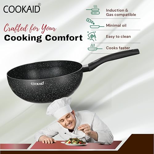 Cookaid Wok Pan 24cm | Woks For Cooking | Kitchen Woks Stir-Fry Pans Nonstick | Neo Glide Series PTFE | Aluminium Body Gas & Induction Compatible | Cookware Kadhai Frying Pan | ISI Certified | Black | - Image 5