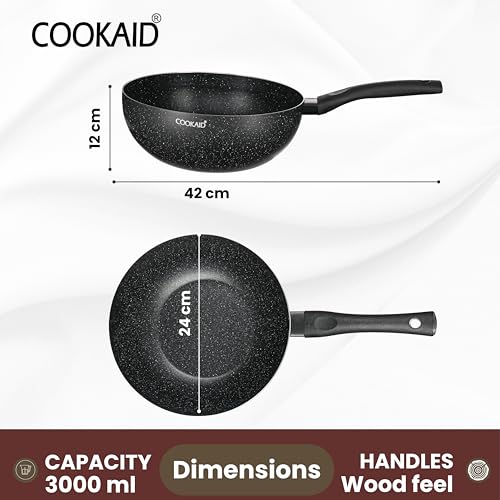 Cookaid Wok Pan 24cm | Woks For Cooking | Kitchen Woks Stir-Fry Pans Nonstick | Neo Glide Series PTFE | Aluminium Body Gas & Induction Compatible | Cookware Kadhai Frying Pan | ISI Certified | Black | - Image 2