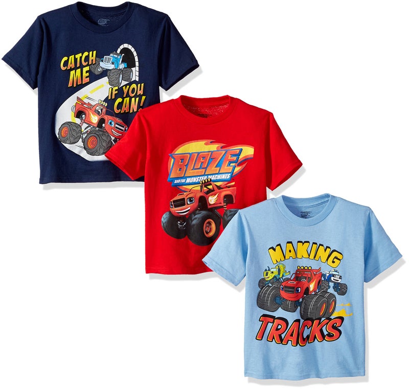 Nickelodeon Little Boys' Toddler Blaze and Monster Machines 3 Pack T-Shirt Bundle, Red/Royal/Sky Blue, 3T
