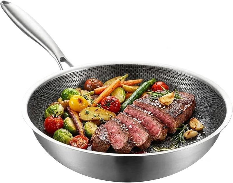 Stainless Steel Wok Stainless Steel Nonstick Fry Pan Stainless Cookware Wok Pan Chinese Stir Fry Non Stick Food Pan Food Cooking Pan Small Work Steak 32cm