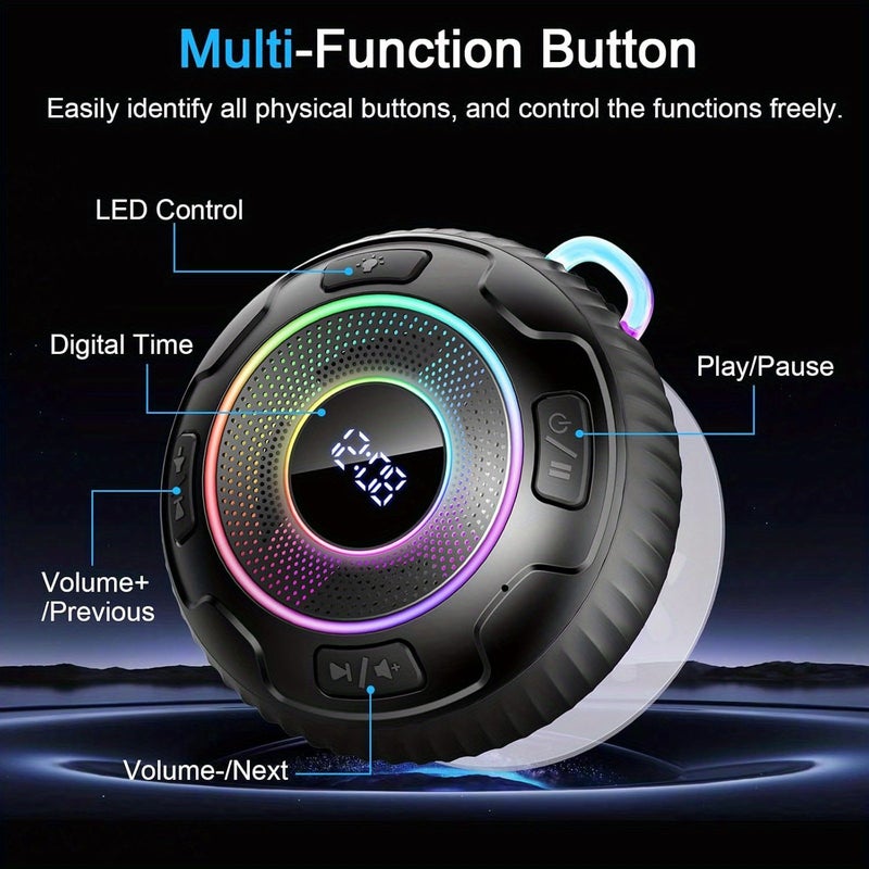 مكبر صوت بلوتوث محمول مع كوب شفط وعرض ساعة وإضاءة LED ديناميكية وإقران ستيريو وميكروفون حر اليدين، مدة تشغيل 10 ساعات، تصميم مدمج للاستخدام في السيارة أو حقيبة الظهر - اللون الأزرق - Image 4