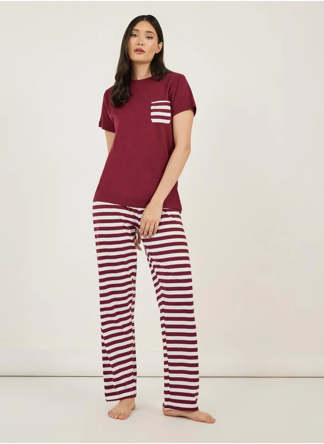 Styli Cotton Striped Pocket T-Shirt & Pyjama Set