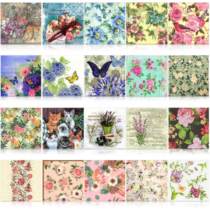 WEI LONG 20 Pcs Assorted Decorative Napkins For Decoupage Paper Napkins Vintage Floral Cocktail Napkins Print Tissue Paper For Diy Crafts  Card Making  Junk Journal  Wall Decor 20 Styles 6.5X6.5 Inch (02) - Image 1