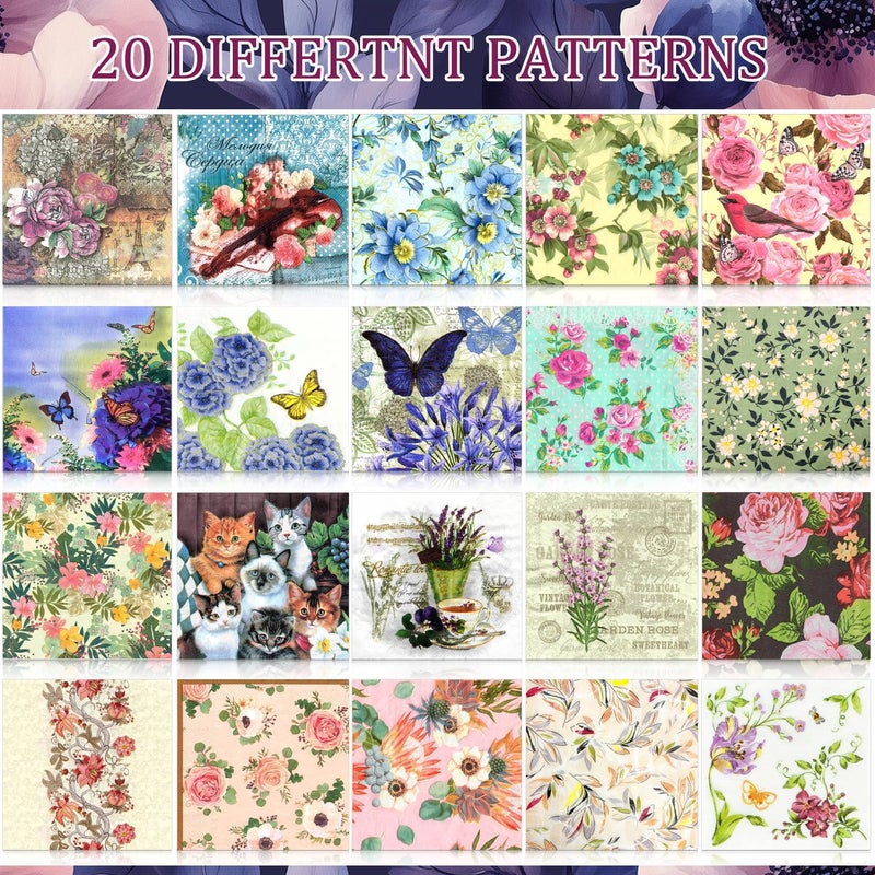 WEI LONG 20 Pcs Assorted Decorative Napkins For Decoupage Paper Napkins Vintage Floral Cocktail Napkins Print Tissue Paper For Diy Crafts  Card Making  Junk Journal  Wall Decor 20 Styles 6.5X6.5 Inch (02) - Image 5