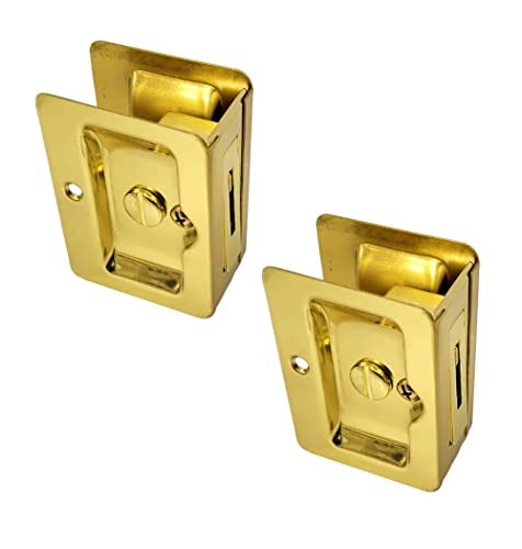 QCAA Premium Quality Solid Brass Rectangular Pocket Sliding Door Pull Privacy Lock 314X214 Polish Brass 2 Pack Made in Taiwan - Image 1