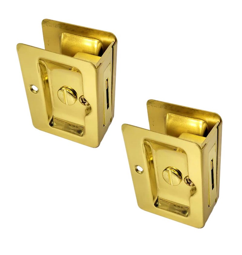 QCAA Premium Quality Solid Brass Rectangular Pocket Sliding Door Pull Privacy Lock 314X214 Polish Brass 2 Pack Made in Taiwan - Image 2