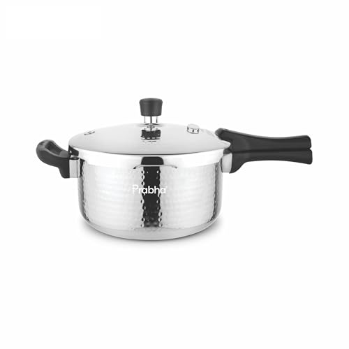 Prabha Stainless Steel Pressure Cooker 3 Litres Outer Lid | Tri-Ply Whizz Hammered Cooker | Kitchen Cookware Pots & Pans | ISI Certified | Fast & Safe Healthy Cooking | Gas & Induction - Image 1