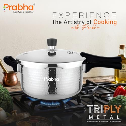 Prabha Stainless Steel Pressure Cooker 3 Litres Outer Lid | Tri-Ply Whizz Hammered Cooker | Kitchen Cookware Pots & Pans | ISI Certified | Fast & Safe Healthy Cooking | Gas & Induction - Image 3