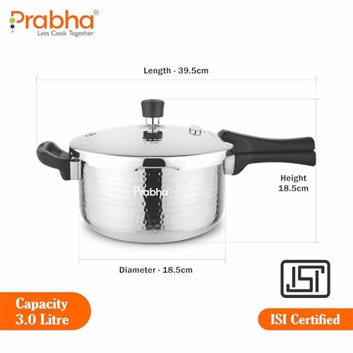 Prabha Stainless Steel Pressure Cooker 3 Litres Outer Lid | Tri-Ply Whizz Hammered Cooker | Kitchen Cookware Pots & Pans | ISI Certified | Fast & Safe Healthy Cooking | Gas & Induction - Image 2