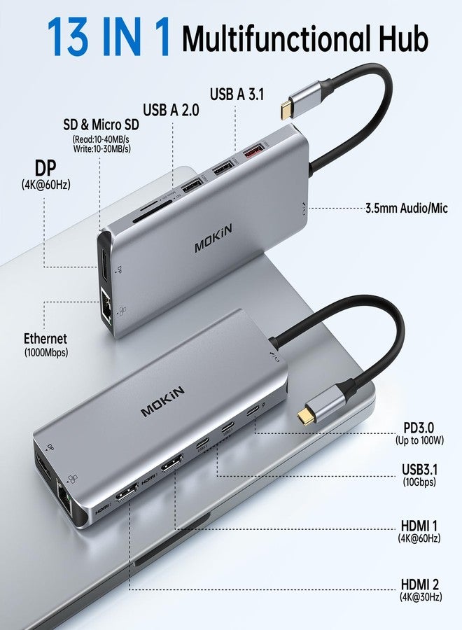 Mokin USB C Laptop Docking Station Dual Monitor Dual HDMI 4k DP Triple Display Hub 10G, 13 in 1 MOKiN USB C Hub with 3 Monitors,Displayport,USB3.1,RJ45,100W PD,Card Reader,Audio/Mic, for Dell HP Lenovo - Image 2