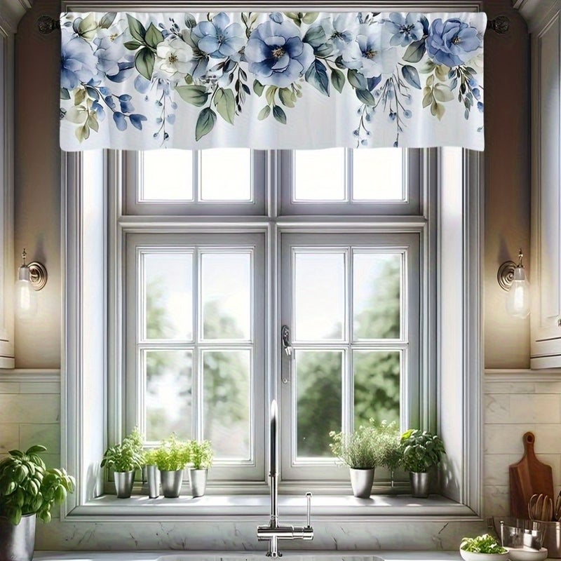 Blue And White Floral Branches Space Themed Short Valance 175x45cm Decorative Window Curtain For Kitchen Bathroom Living Room Polyester With Rod Pocket Easy Installation - Image 1