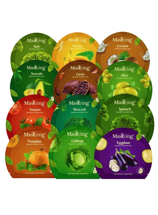 ماسكنغ قناع ورقي من سوبر فود، قناع ورقي طبيعي للوجه، قناع مصل للوجه للنساء، كومبو 12 (كل عبوة 20 جم) - Image 1