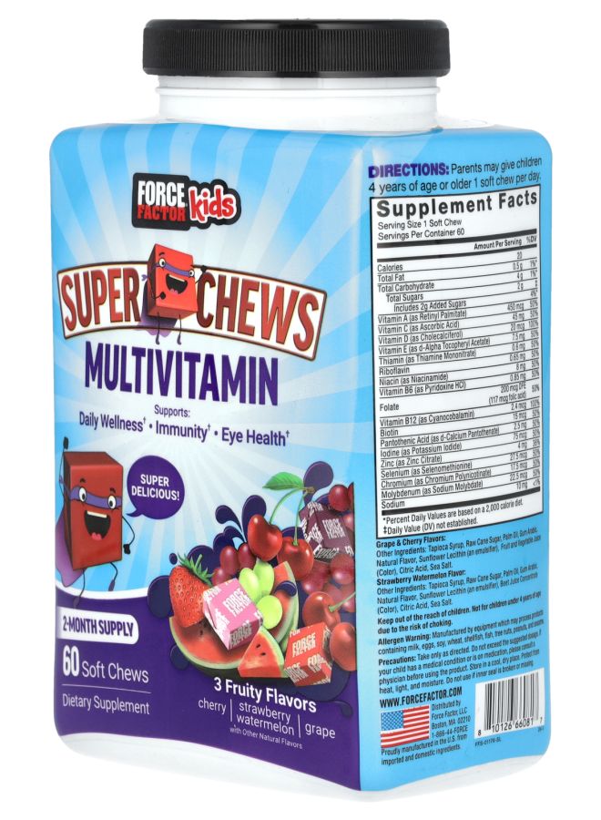 Force Factor Kids Super Chews Multivitamin Cherry Strawberry Watermelon Grape 60 Soft Chews - Image 2