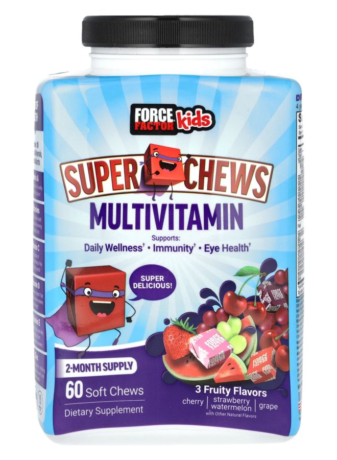 Force Factor Kids Super Chews Multivitamin Cherry Strawberry Watermelon Grape 60 Soft Chews - Image 1
