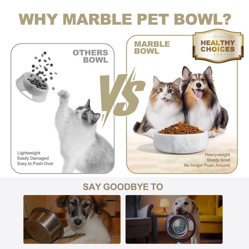 karibiber White Marble Dog Bowls, Non-Slip Dog Food Water Bowl Small, Heavy Duty Pet Bowl for Cats and Medium Dogs, Weighted African Natural Marble, Holds 4 Cups(5lbs) - Image 3