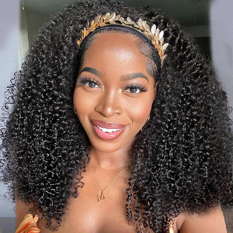 XSY Headband Wig Human Hair 20 Inch Kinky Curly Headband Wigs for Black Women Curly Human Hair Wigs Glueless No Lace Front Wig Brazilian Virgin Human Hair 150% Density Natural Black Color - Image 1