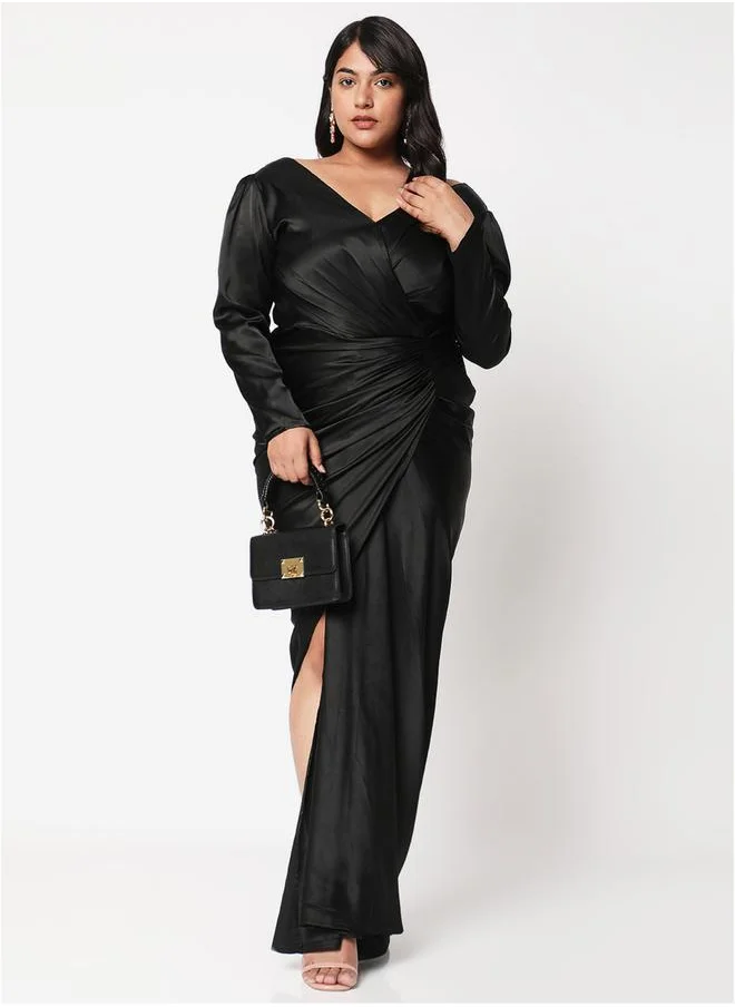 ميش Plus Solid Asymmetrical Hem Wrap Front Maxi Dress