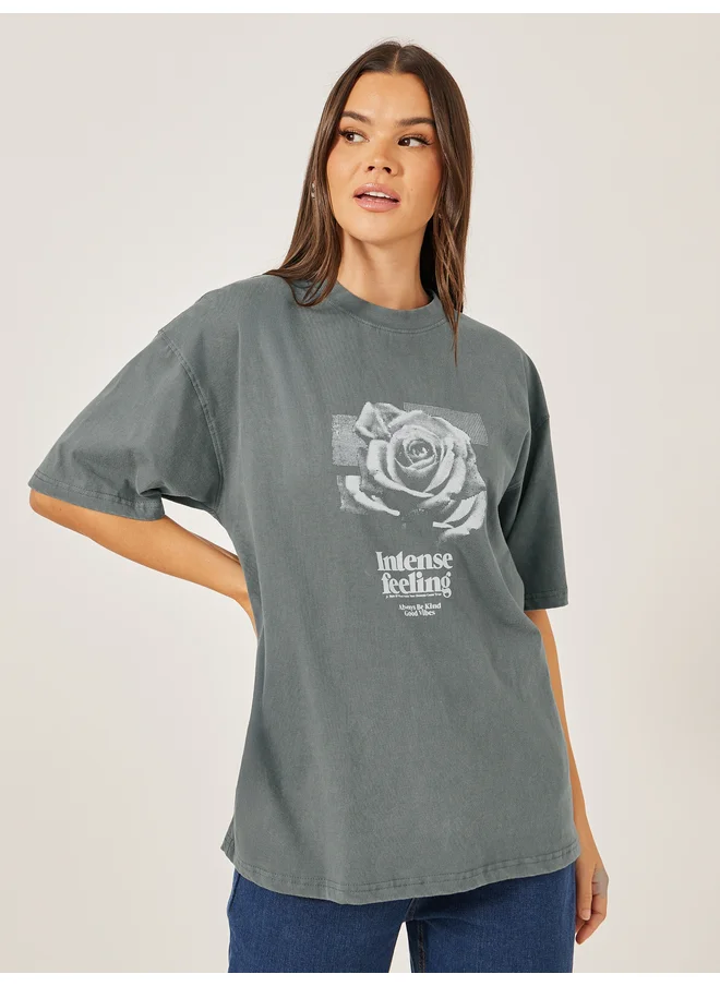 Styli Styli Acid Washed Graphic Print Short Sleeve Oversized T-Shirt