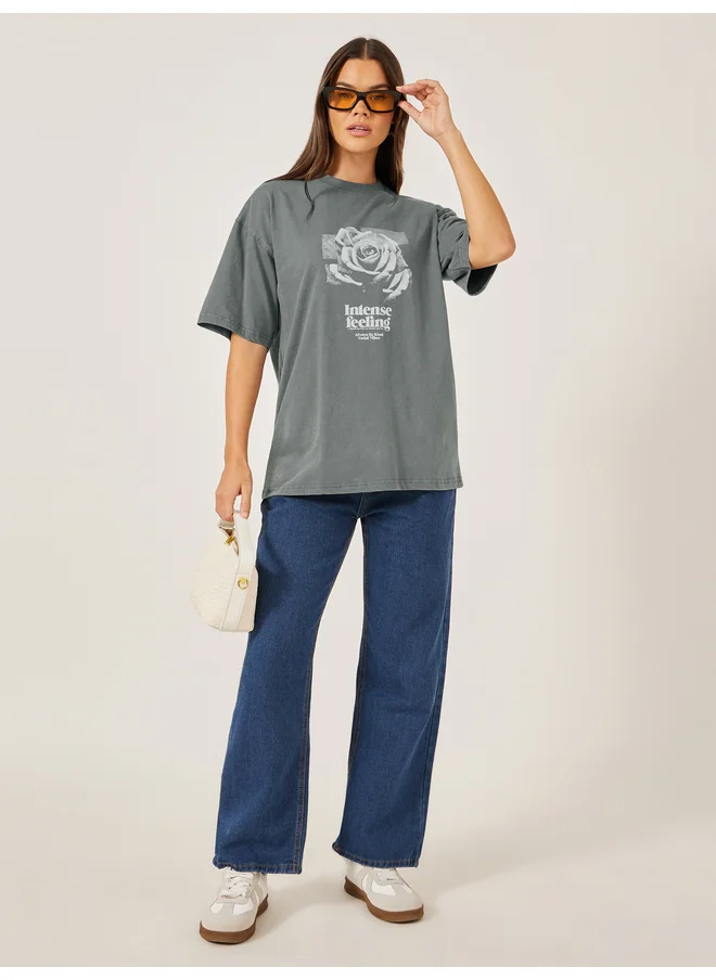 Styli Styli Acid Washed Graphic Print Short Sleeve Oversized T-Shirt