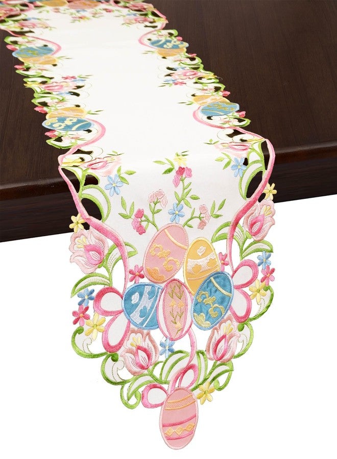 Grelucgo Embroidered Colorful Eggs Table Runners for Easter Holidays, Spring Seasonal Dining Table Decor (14x68 inches) - Image 1