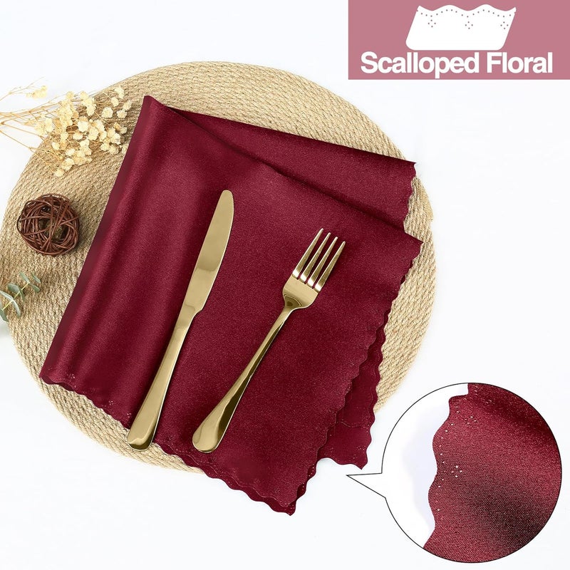 Homiest Burgundy Satin Napkins  100 Pack 20x20 Inches Scalloped Square Elegant Wedding  Party Napkins - Image 3
