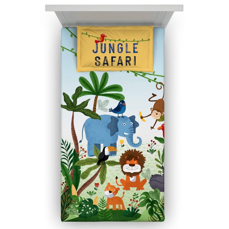 DDECOR Live beautiful DDECOR - Pack of 1 Kids Jungle Safari Cotton Single Bedsheet with 1 Pillow Cover - Green - Image 3