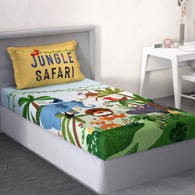 DDECOR Live beautiful DDECOR - Pack of 1 Kids Jungle Safari Cotton Single Bedsheet with 1 Pillow Cover - Green - Image 2