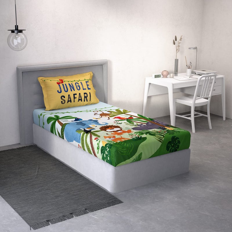 DDECOR Live beautiful DDECOR - Pack of 1 Kids Jungle Safari Cotton Single Bedsheet with 1 Pillow Cover - Green - Image 1