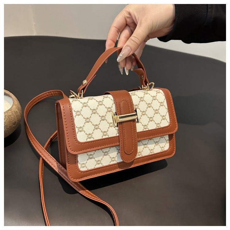 Contrast Color Stitching Vintage Printed Portable Small Square Bag Fashionable All-Match Commuter Shoulder Bag Casual Crossbody Bag - Image 3