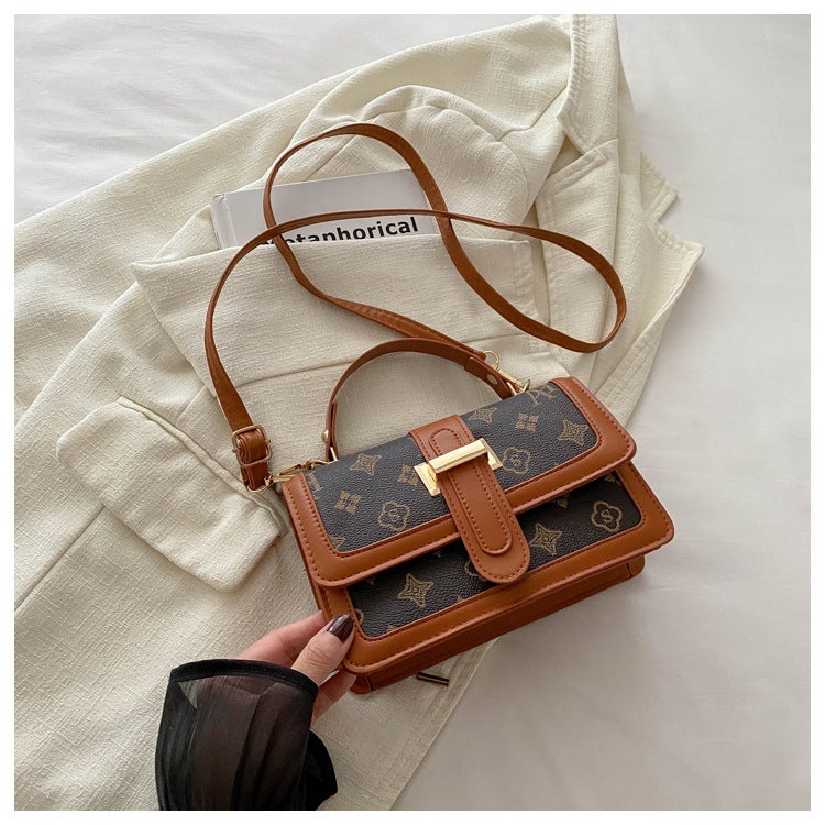 Contrast Color Stitching Vintage Printed Portable Small Square Bag Fashionable All-Match Commuter Shoulder Bag Casual Crossbody Bag - Image 1