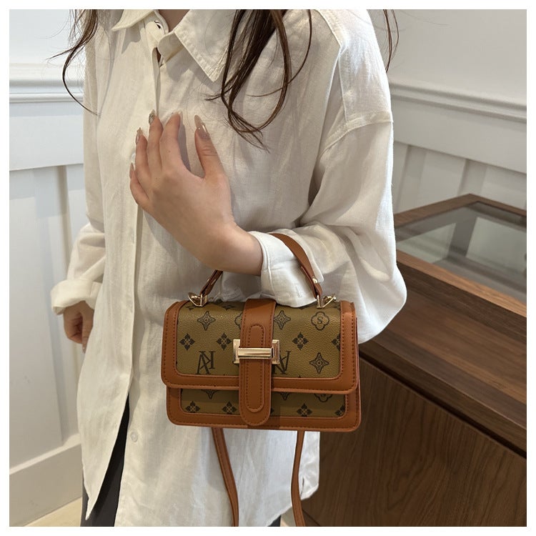 Contrast Color Stitching Vintage Printed Portable Small Square Bag Fashionable All-Match Commuter Shoulder Bag Casual Crossbody Bag - Image 4