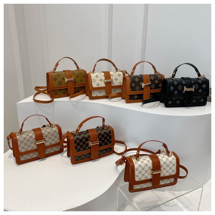 Contrast Color Stitching Vintage Printed Portable Small Square Bag Fashionable All-Match Commuter Shoulder Bag Casual Crossbody Bag - Image 2