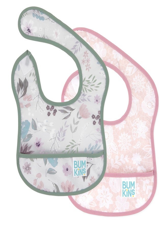 Bumkins Bibs, for Baby Girl or Boy, Infant 3-9 Months, Essential Must Have for Eating, Feeding, Baby Led Weaning, Mess Saving Waterproof Soft Fabric, Starter Bib 2-pk Floral and Lace Gray and Pink - Image 1