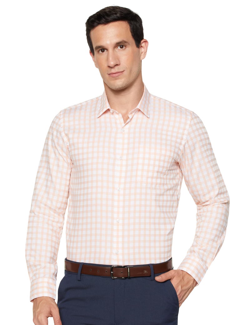 Peter England Men's Classic Checkered Formal Slim Fit Full Sleeve Shirt | Wonder Fabric | Cotton-Rich Peach, 39 - Image 1