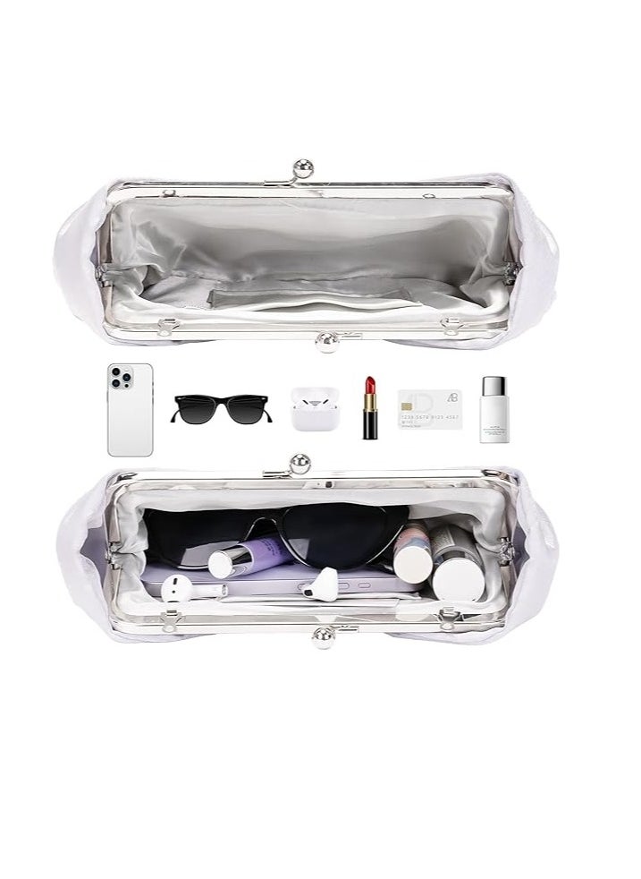 SYOSI - Women's Clutches Silver Satin Rhinestone Handbags with 2 Chains Shiny Bow Evening Clutch Bags Ladies Elegant Cross Body Bride Shoulder Bag for Wedding Party Prom Dinner 28x17cm - Image 1