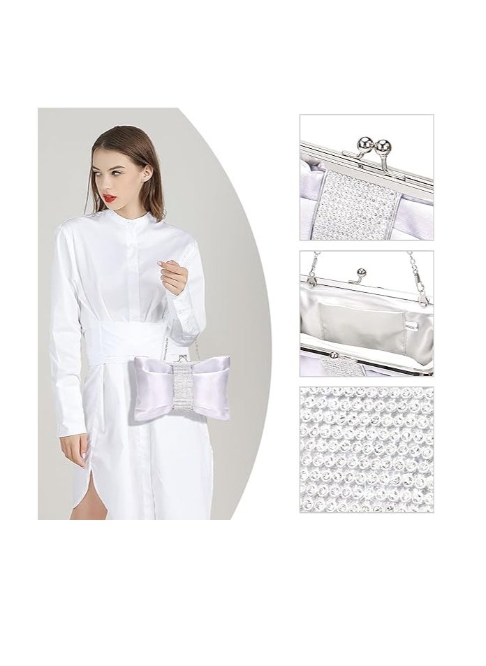 SYOSI - Women's Clutches Silver Satin Rhinestone Handbags with 2 Chains Shiny Bow Evening Clutch Bags Ladies Elegant Cross Body Bride Shoulder Bag for Wedding Party Prom Dinner 28x17cm - Image 1