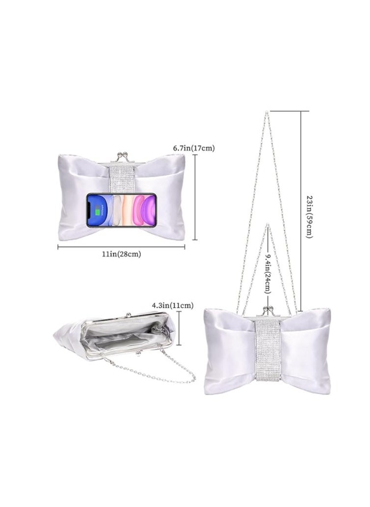 SYOSI - Women's Clutches Silver Satin Rhinestone Handbags with 2 Chains Shiny Bow Evening Clutch Bags Ladies Elegant Cross Body Bride Shoulder Bag for Wedding Party Prom Dinner 28x17cm - Image 1