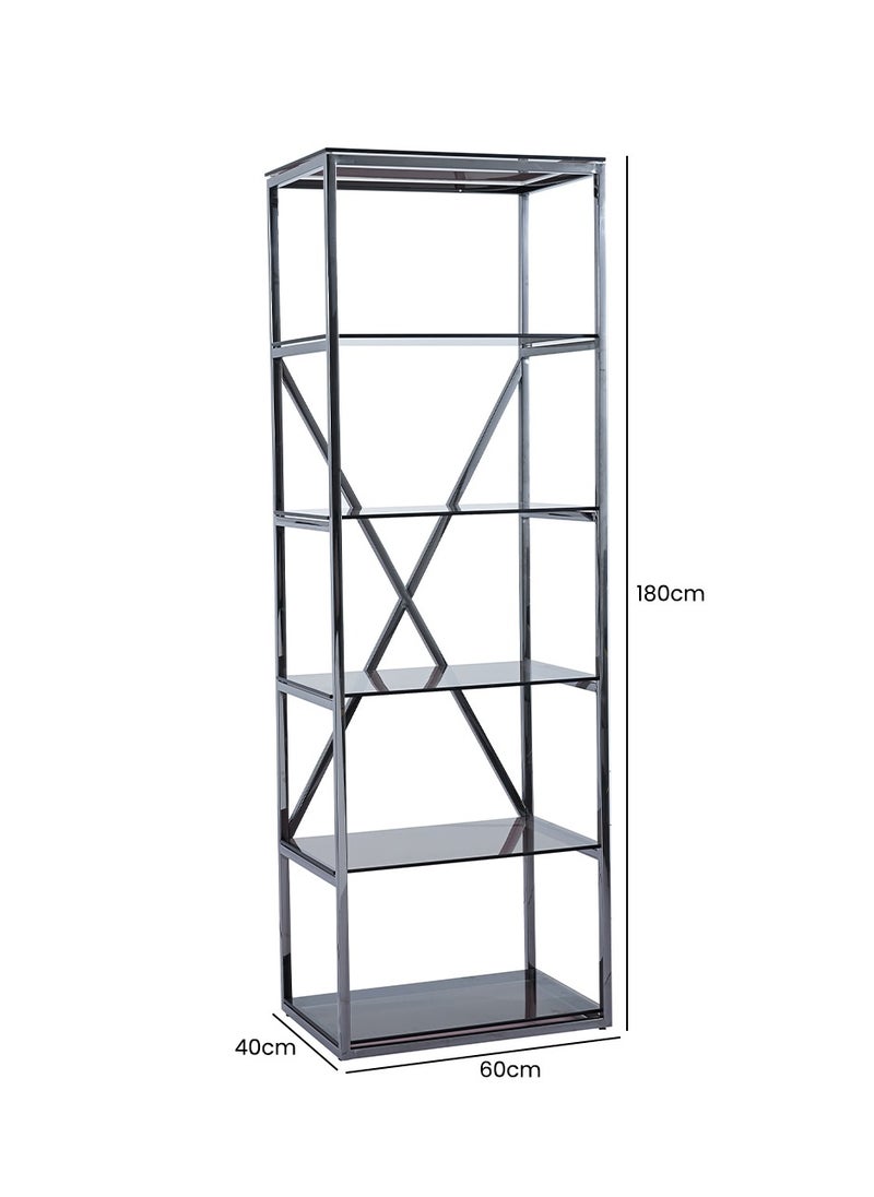 VANITY LIVING - VANITY LIVING Bookshelf for Living Room, Smoked Tempered Glass Freestanding Bookcase Shelving Unit with Metallic Frame - Image 1