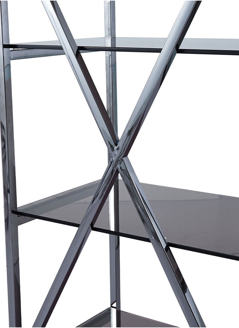 VANITY LIVING - VANITY LIVING Bookshelf for Living Room, Smoked Tempered Glass Freestanding Bookcase Shelving Unit with Metallic Frame - Image 1