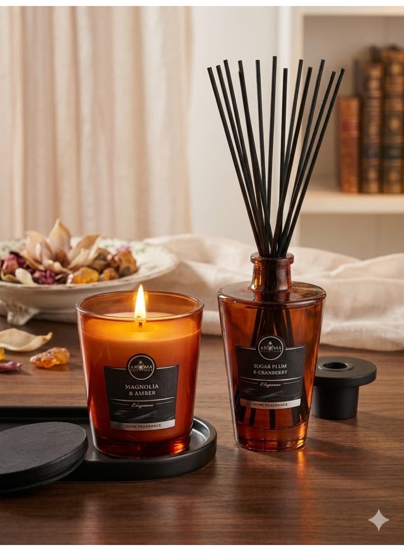 أروما باقة العطور الفاخرة مؤلفة من زيت عطري 200مل رائحة سكر البرقوق والتوت البري وشمعة بي فتيل واحد مع غطاء خشبي رائحة زهرة الماغنوليا والعنبر - Image 2