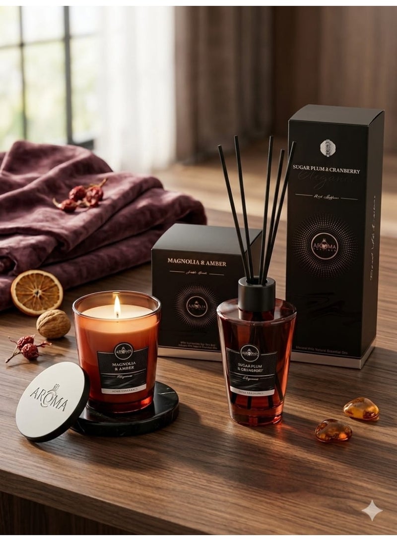 أروما باقة العطور الفاخرة مؤلفة من زيت عطري 200مل رائحة سكر البرقوق والتوت البري وشمعة بي فتيل واحد مع غطاء خشبي رائحة زهرة الماغنوليا والعنبر - Image 3