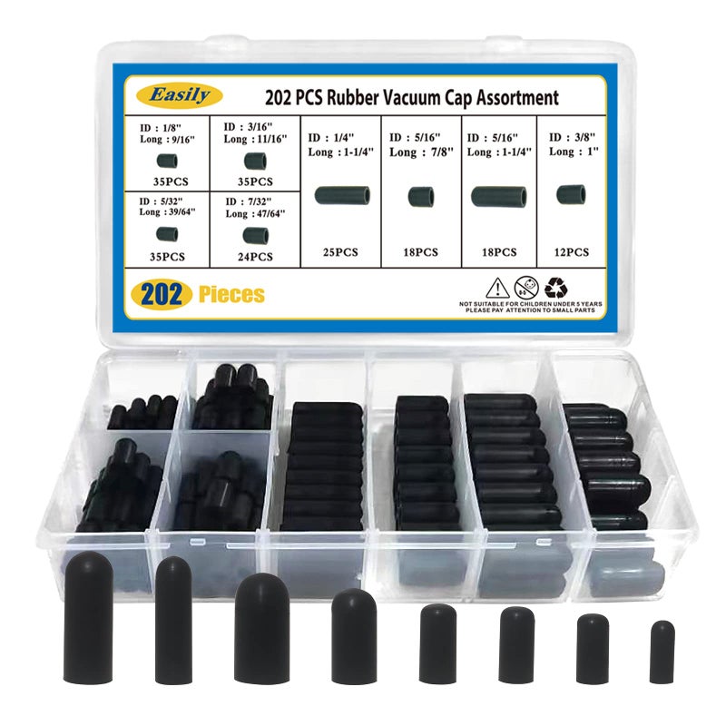 Vacuum Caps Rubber Plug Kit 202 PCS 8 Size Assorted Vacuum Plugs Hose End Caps Assortment Kit for Carburetor Manifold Automotive 316 516 732 14 532 38 18
