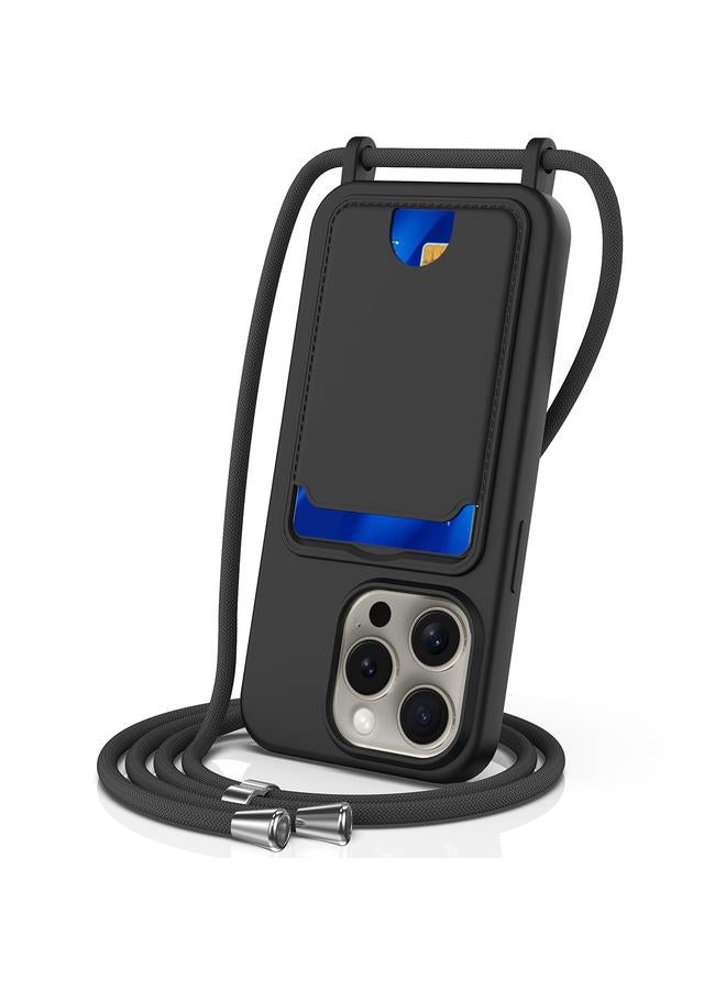 S-TOP Case For iPhone 16 Pro Max Integrated Card Bag Solid Color Liquid Silicone Phone Case with Lanyard - Image 1