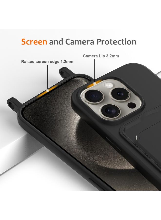 S-TOP Case For iPhone 16 Pro Max Integrated Card Bag Solid Color Liquid Silicone Phone Case with Lanyard - Image 5