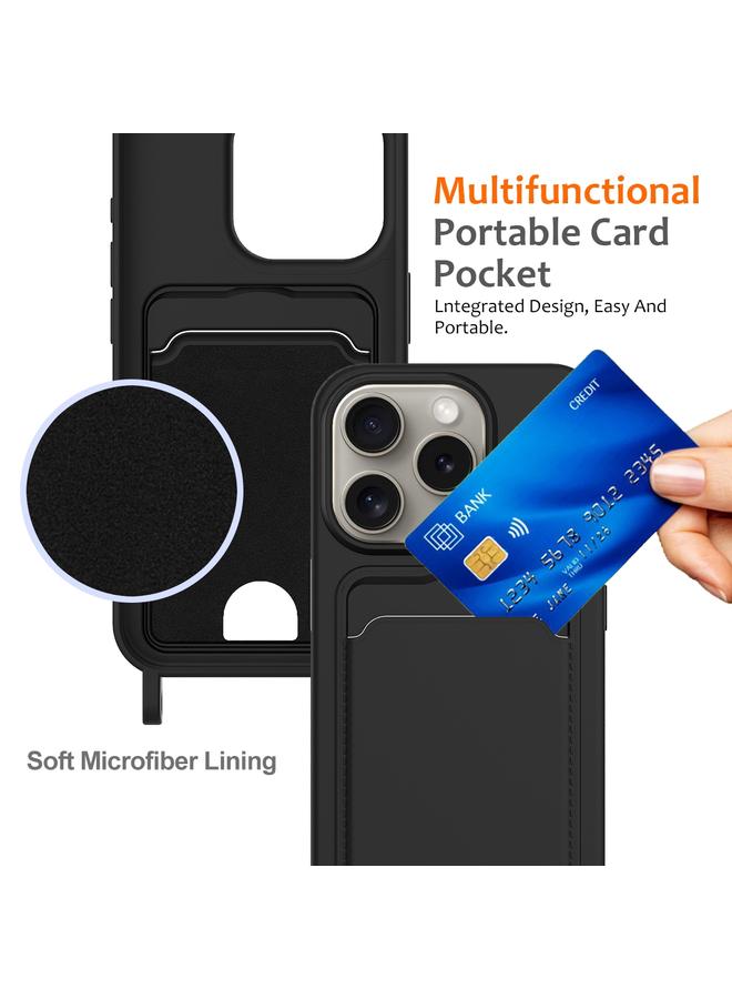 S-TOP Case For iPhone 16 Pro Max Integrated Card Bag Solid Color Liquid Silicone Phone Case with Lanyard - Image 4