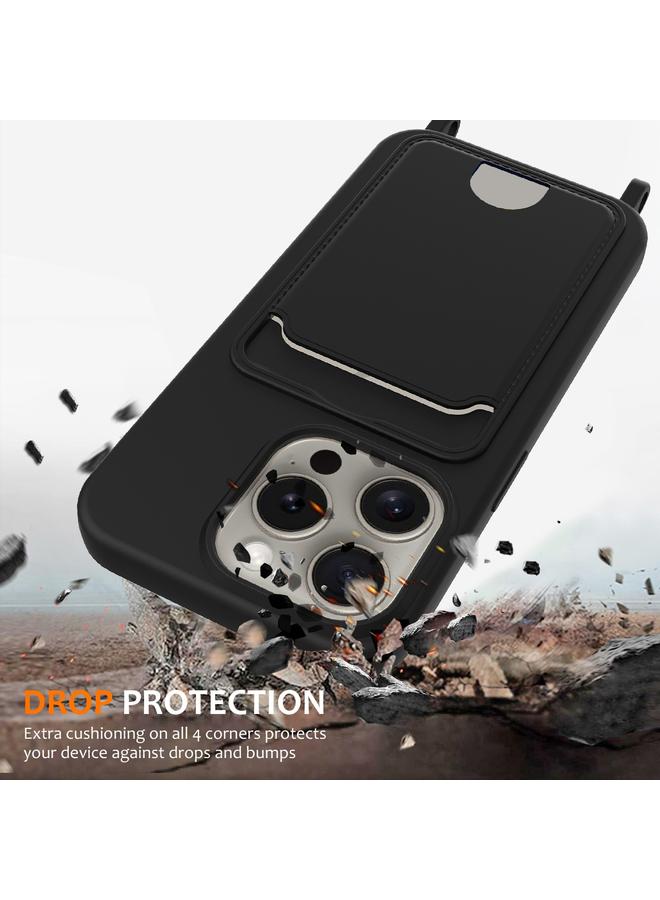 S-TOP Case For iPhone 16 Pro Max Integrated Card Bag Solid Color Liquid Silicone Phone Case with Lanyard - Image 2