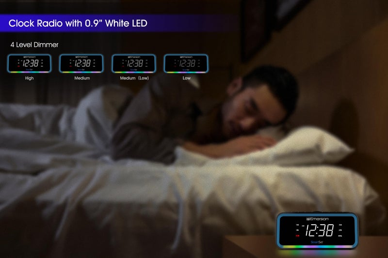 Emerson CKS1401 Smartset AM/FM Dual Alarm Clock Radio with 0.9” White LED Display with 4-Level Dimmer Control, USB-C Charging, and 2-Level Multi-Color LED Decor - Image 4